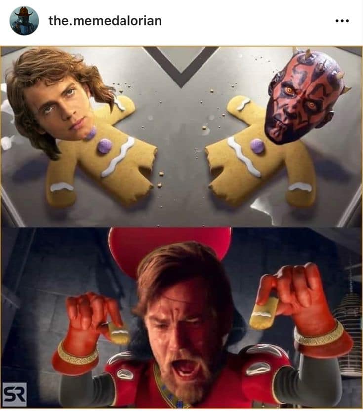 This meme is a photo of Anakin Skywalker (Darth Vader) and Obi-Wan Kenobi from the movie Star Wars, but their faces have been replaced with those of two people eating a gingerbread man. The text "When you finally get to eat the cookie" appears above the image.